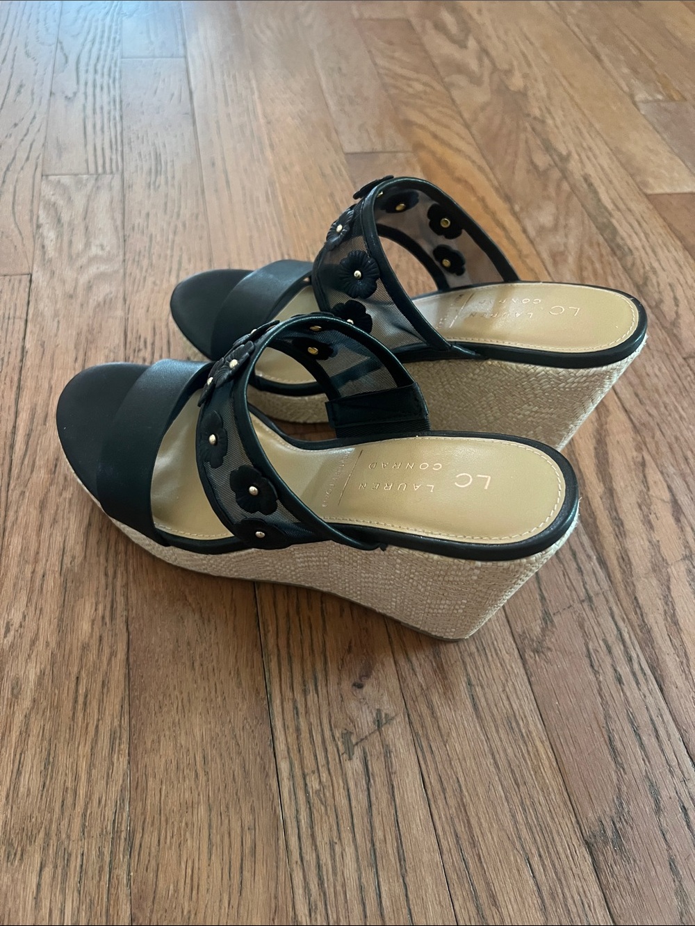 LC Lauren Conrad Black Floral Strap Espadrille Wedges